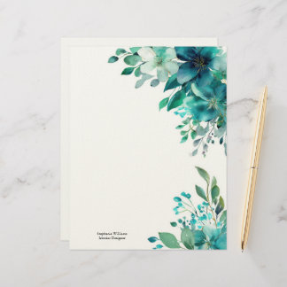Personalized Green Teal Wildflowers Florals  Custom Letterhead