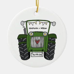 Personalized Green Tractor Country Wedding Gift Ceramic Ornament