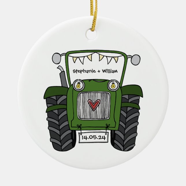 Personalized Green Tractor Country Wedding Gift Ceramic Ornament (Front)