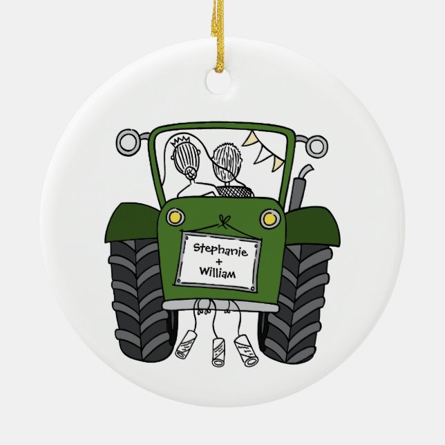 Personalized Green Tractor Country Wedding Gift Ceramic Ornament (Back)