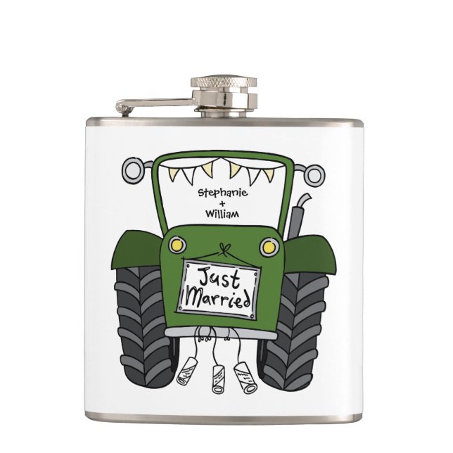 Personalized Green Tractor Country Wedding Gift Hip Flask (Front)