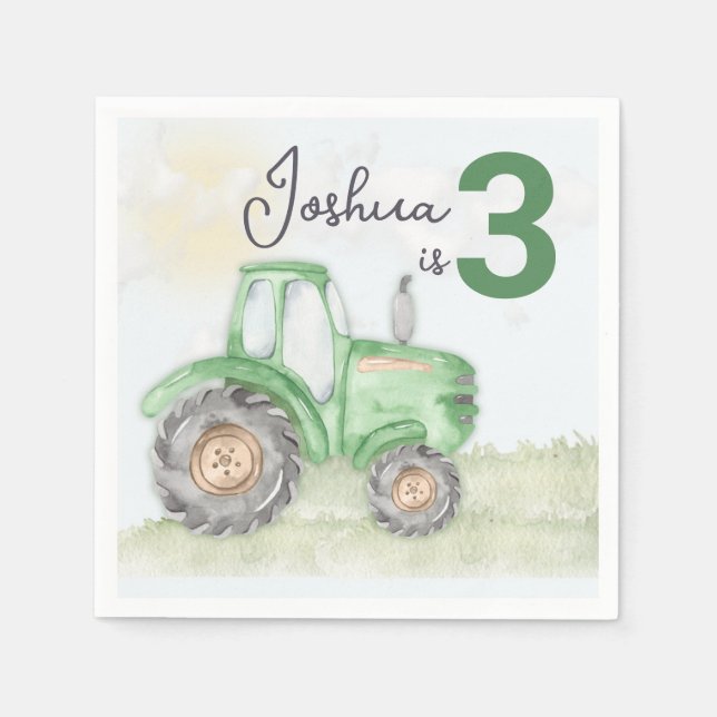 Personalized Green Tractor Theme Paper Napkins. Napkin (Front)