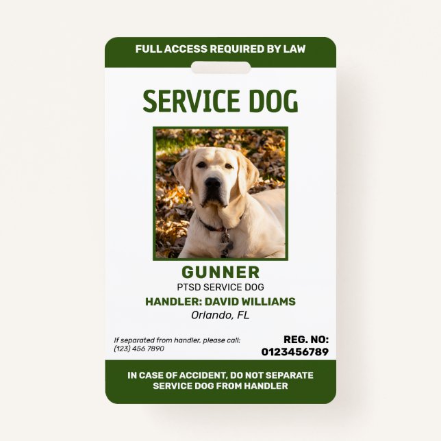 Personalized Green White Service Dog Photo ID Badg ID Badge (Front)