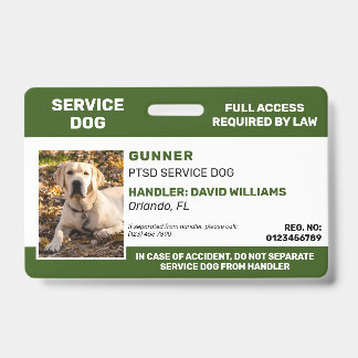 Personalized Green White Service Dog Photo ID Badge