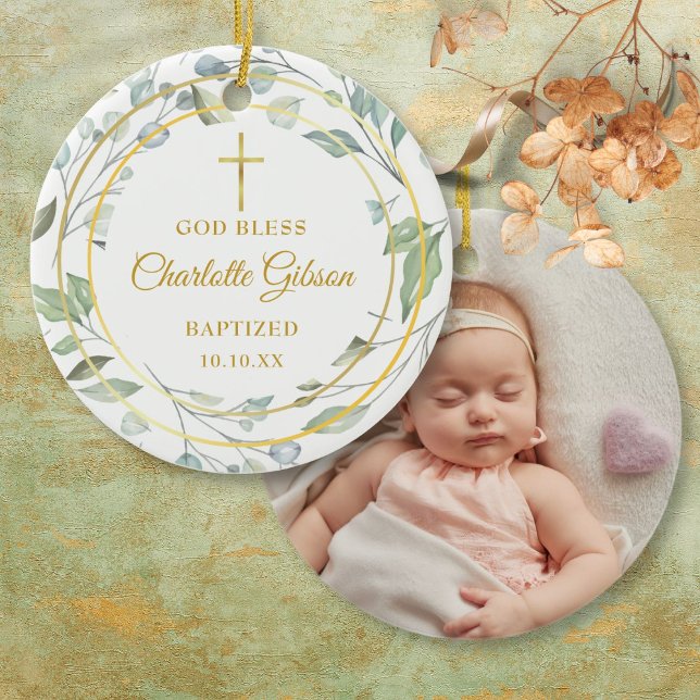 Personalized Greenery Gold Boy Girl Baptism Photo Ceramic Ornament (Personalized Greenery Gold Boy Girl Baptism Photo Ceramic Ornament)