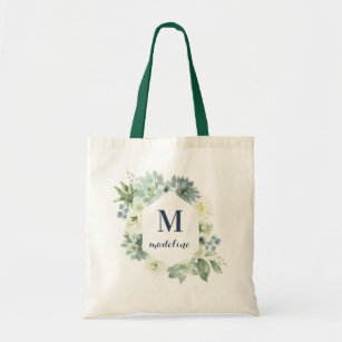Personalized Greenery Succulents Monogram Tote Bag