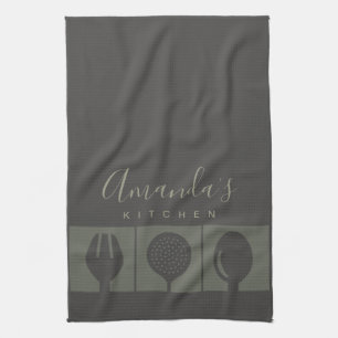 PERSONALIZED GREY SPOON FORK SKIMMER CHEF KITCHEN TEA TOWEL