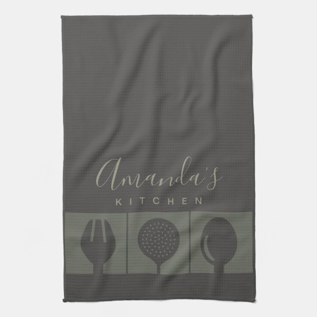 PERSONALIZED GREY SPOON FORK SKIMMER CHEF KITCHEN TEA TOWEL (Vertical)