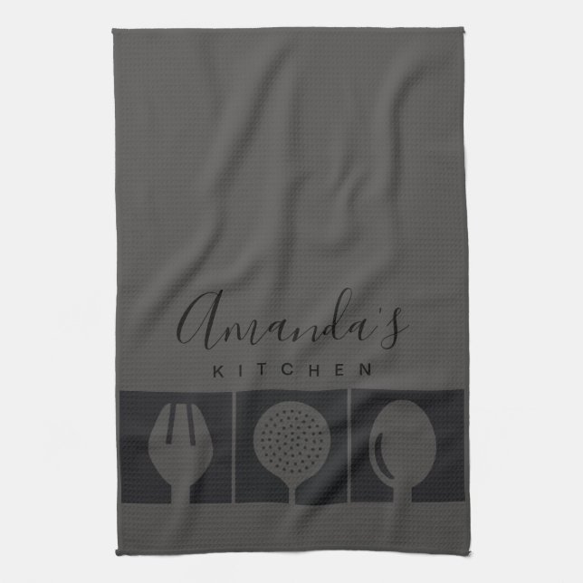 PERSONALIZED GREY SPOON FORK SKIMMER CHEF KITCHEN TEA TOWEL (Vertical)