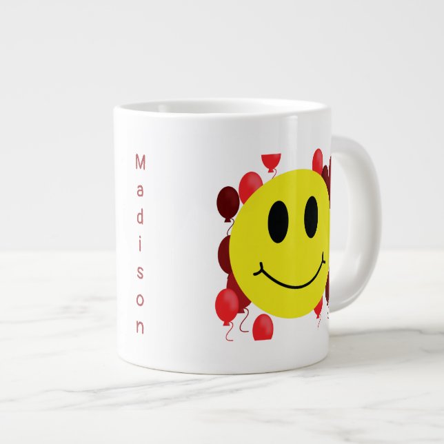 Personalized Grinning Face with Red Balloons  Large Coffee Mug (Front Right)