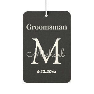 personalized groomsman, black and white monogram car air freshener