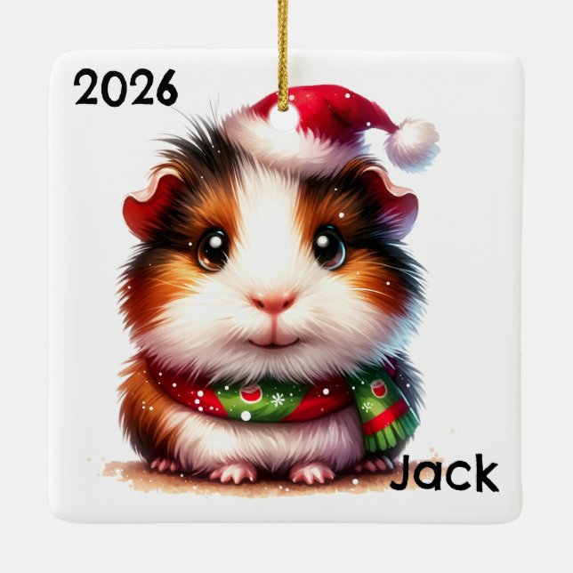 Personalized Guinea Pig with Santa Hat Ceramic Ornament (Back)