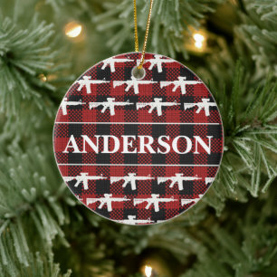 Personalized Gun Owner Plaid AR-15 Christmas Ceramic Ornament