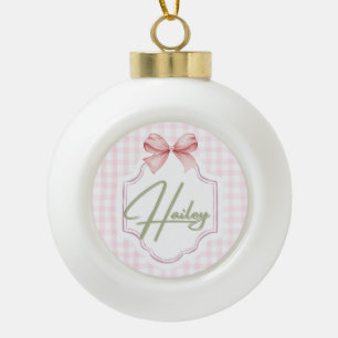 Personalized Hailey Baby Girl Nursery Bow&Gingham Ceramic Ball Christmas Ornament