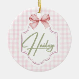 Personalized Hailey Baby Girl Nursery Bow&Gingham Ceramic Ornament