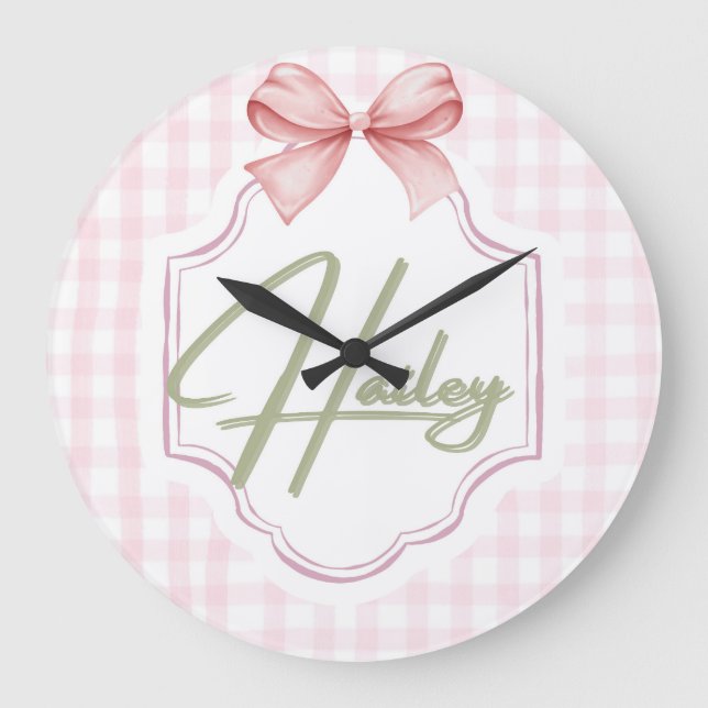 Personalized Hailey Baby Girl Nursery Bow&Gingham Large Clock (Front)