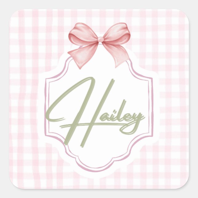 Personalized Hailey Baby Girl Nursery Bow&Gingham Square Sticker (Front)