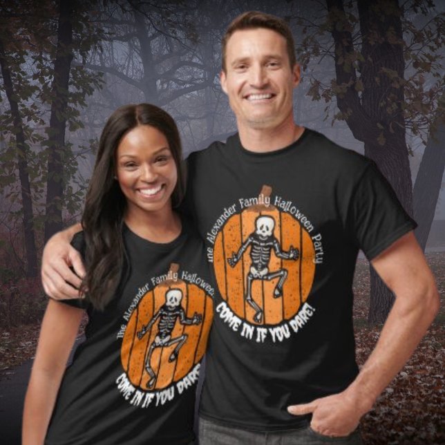 Personalized Halloween Distressed Skeleton Pumpkin T-Shirt (Great your guests in style with these cool, personalised family t-shirts!)