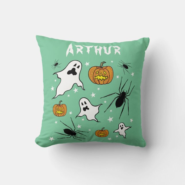 Personalized Halloween Ghosts, Pumpkins and Spider Cushion (Front)