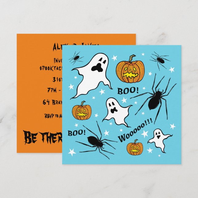 Personalized Halloween Ghosts, Pumpkins and Spider Invitation (Front/Back)