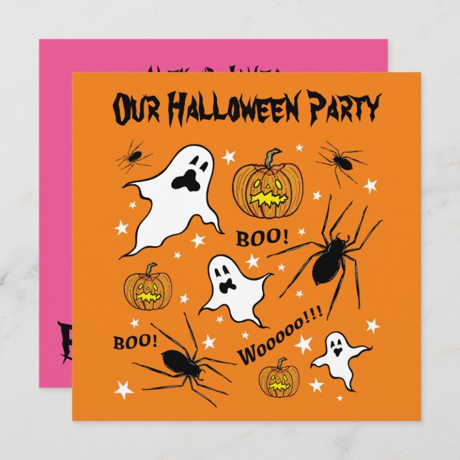 Personalized Halloween Ghosts, Pumpkins and Spider Invitation (Front/Back)