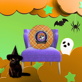 Personalized Halloween Orange Plaid Pirate Skeleto Round Cushion