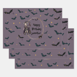 Personalized Halloween Witch/Bats Pattern Wrapping Paper Sheet