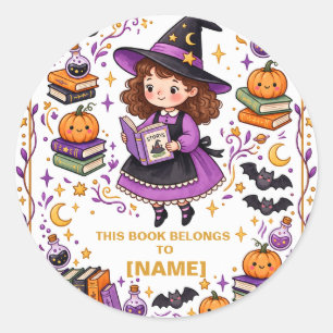 Personalized Halloween Witch Bookplate for Kids Classic Round Sticker