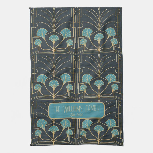 Personalized Hand drawn Art Deco Fountain Tile Tea Towel (Vertical)
