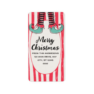 Personalized Hand Drawn Elf Sock Merry Christmas Label