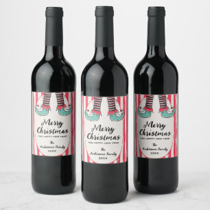 Personalized Hand Drawn Elf Sock Merry Christmas Wine Label