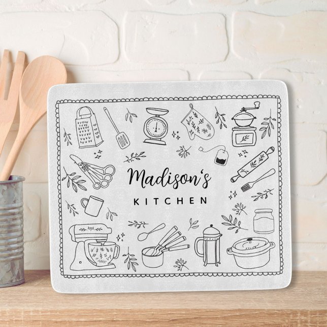 Personalized Hand Drawn Kitchen Cooking Utensils  Cutting Board (In situ)