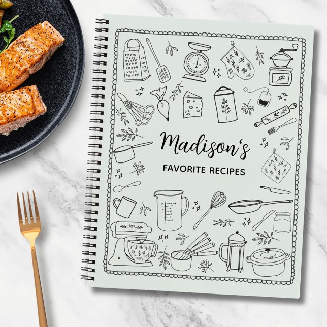 Personalized Hand Drawn Kitchen Utensils Recipe Notebook (In situ)