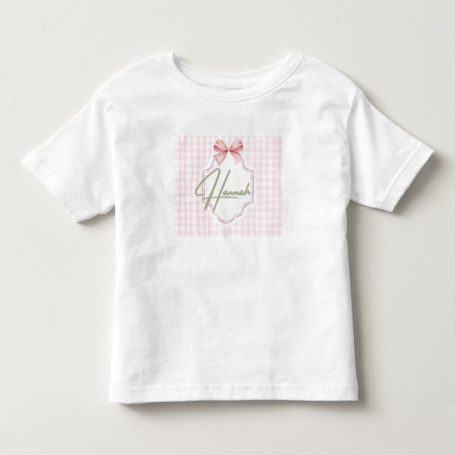 Personalized Hannah Baby Girl Nursery Bow&Gingham Toddler T-Shirt (Front)
