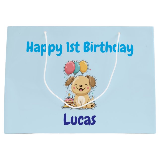 Personalized Happy 1st Birthday Gift Wrap, Puppy,  Large Gift Bag (Front)