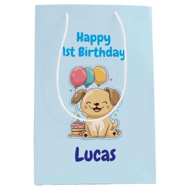 Personalized Happy 1st Birthday Gift Wrap, Puppy,  Medium Gift Bag (Front)