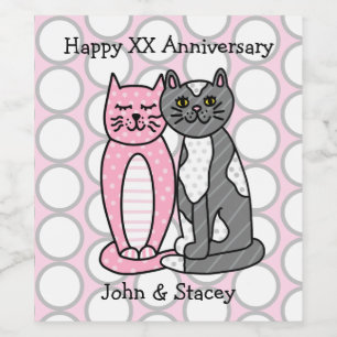 Personalized Happy Anniversary Cute Cuddly Cats Wine Label