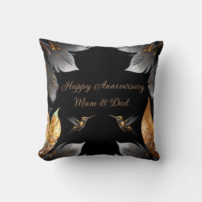 Personalized Happy Anniversary Golden Hummingbird Cushion (Front)