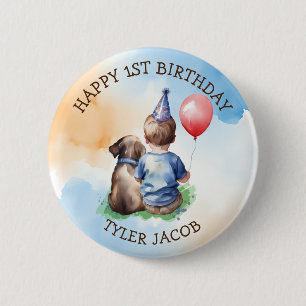 Personalized Happy Birthday   Baby and Puppy 6 Cm Round Badge