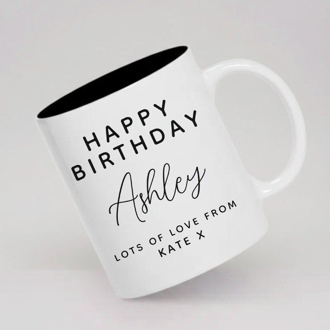 Personalized happy birthday mug gift for her him (Modern Script Personalized Name Happy Birthday Mug Gift for Her, Him, Mom, Dad, Wife and Friends)