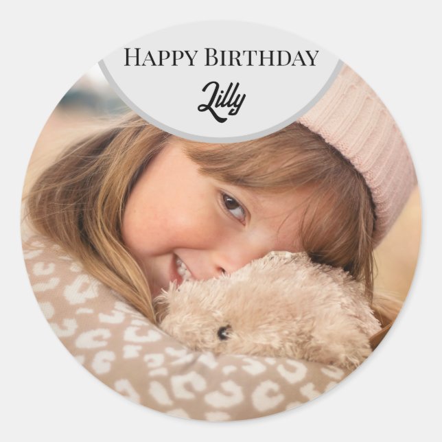 Personalized Happy birthday photo card Classic Round Sticker (Front)