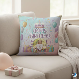 Personalized Happy Birthday Photo, Custom Name Cushion