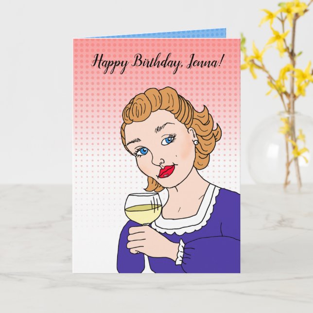 Personalized Happy Birthday Retro Wine Humor Card (Yellow Flower)