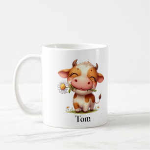 Personalized Happy Brown Cow with Flower Coffee Mug