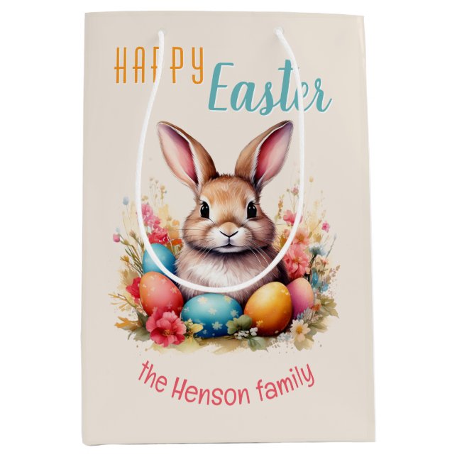 Personalized Happy Easter Bunny Eggs Family  Medium Gift Bag (Front)