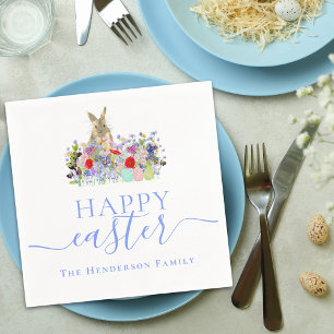 Personalized Happy Easter Cute Bunny Wildflower Napkin