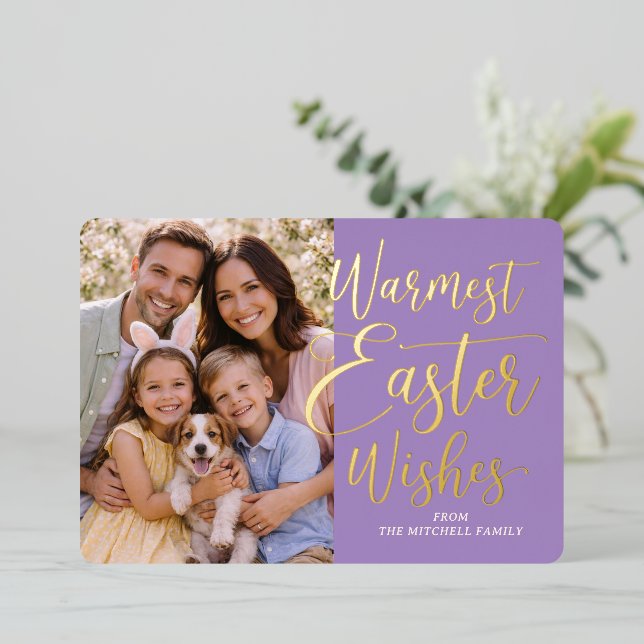 Personalized Happy Easter Family Photo Gold Foil Holiday Card (Standing Front)