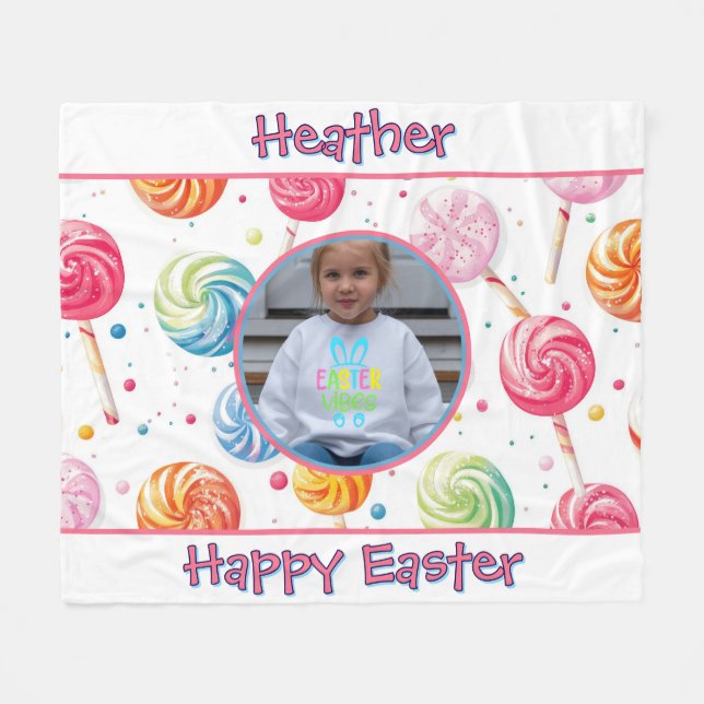 Personalized Happy Easter Lollipop Candy Photo Fleece Blanket (Front (Horizontal))