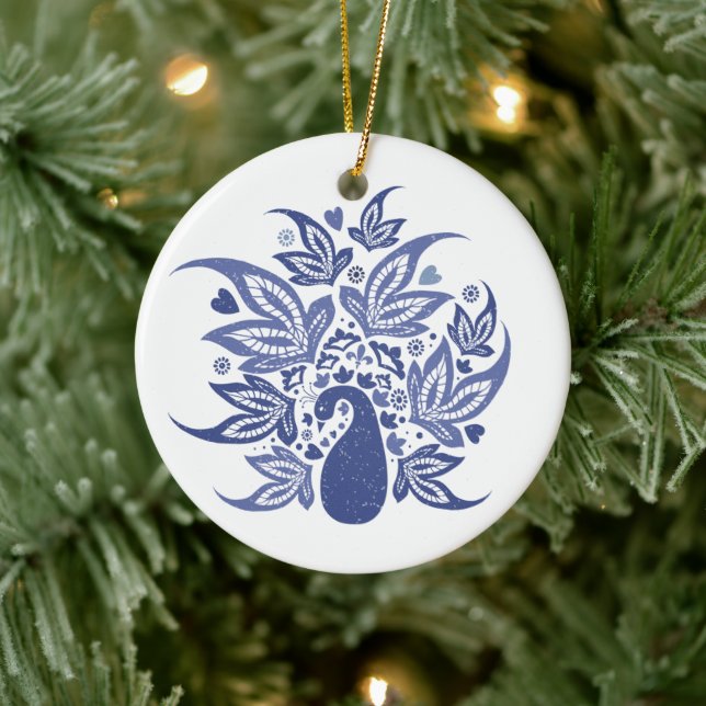 Personalized Happy Holidays Peacock Ceramic Ornament (Tree)