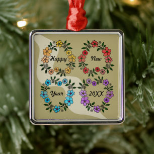 PERSONALIZED HAPPY NEW YEAR 20XX & FLOWERS WREATHS METAL ORNAMENT